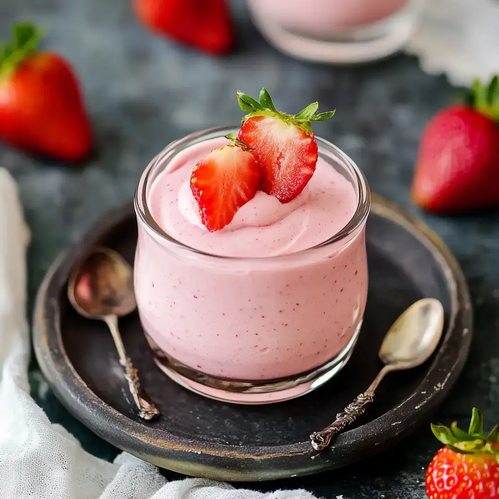 A glass of pink strawberry mousse is topped with fresh strawberry slices, placed on a dark plate alongside silver spoons and whole strawberries.