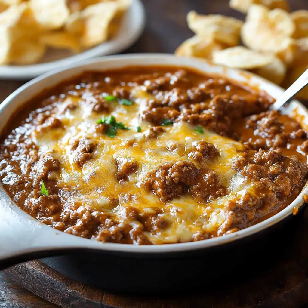 A skillet filled with cheesy beef chili topped with green garnish, accompanied by a plate of tortilla chips in the background.