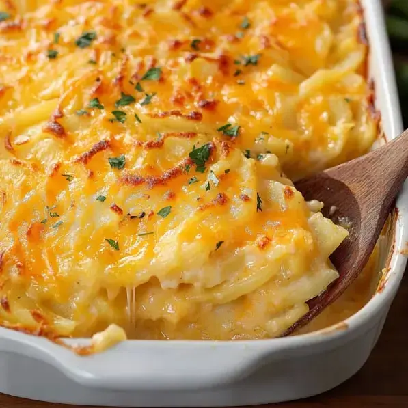 A creamy, baked pasta dish topped with melted cheddar cheese and garnished with parsley.