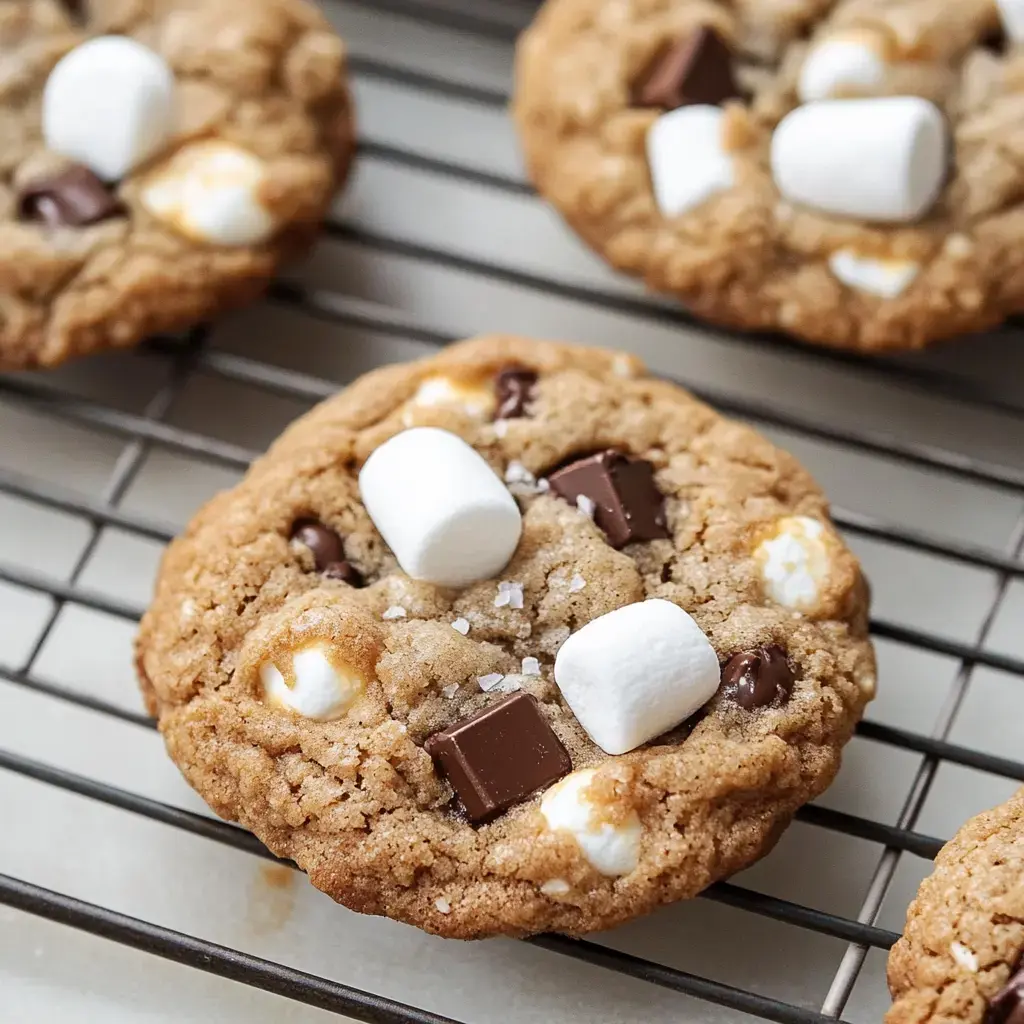 A freshly baked cookie on a cooling rack, topped with chocolate chunks and marshmallows.