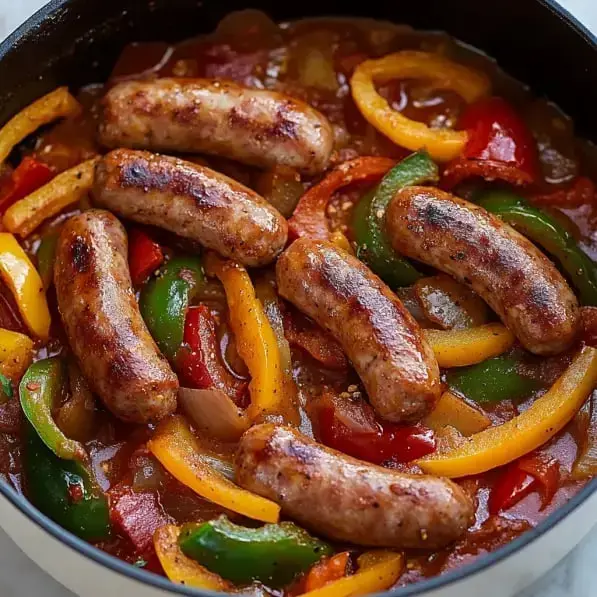 A close-up of a skillet filled with cooked sausages, bell peppers, and a rich tomato sauce.