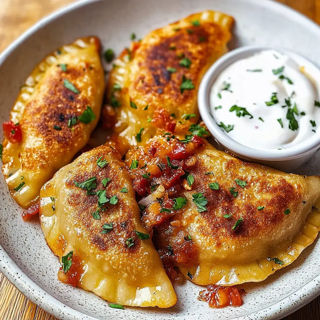 A plate of golden-brown fried dumplings garnished with herbs and accompanied by a small bowl of sour cream.