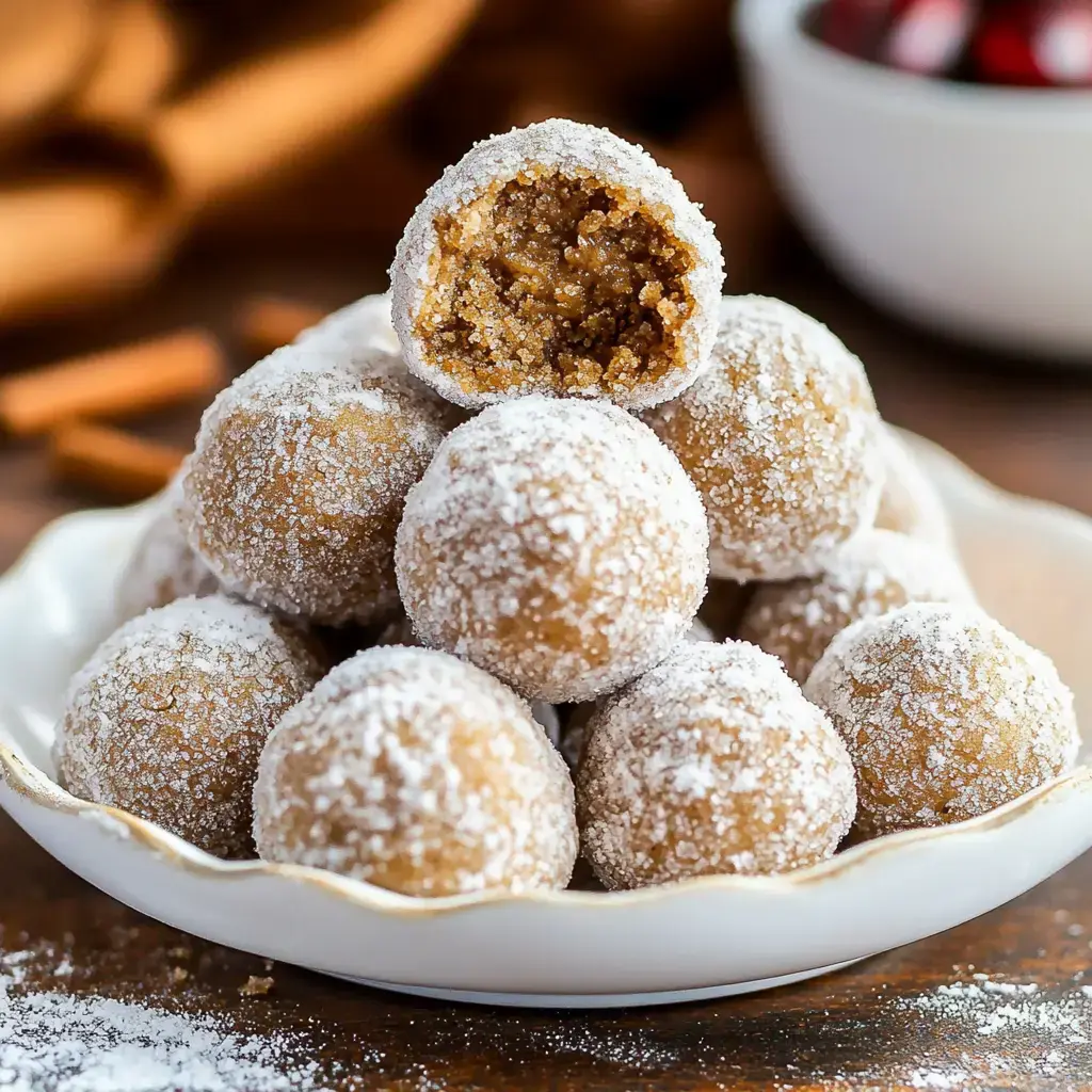 A close-up of a plate stacked with powdered sugar-coated dessert balls, with one showing a bite taken out to reveal a brown, crumbly interior.