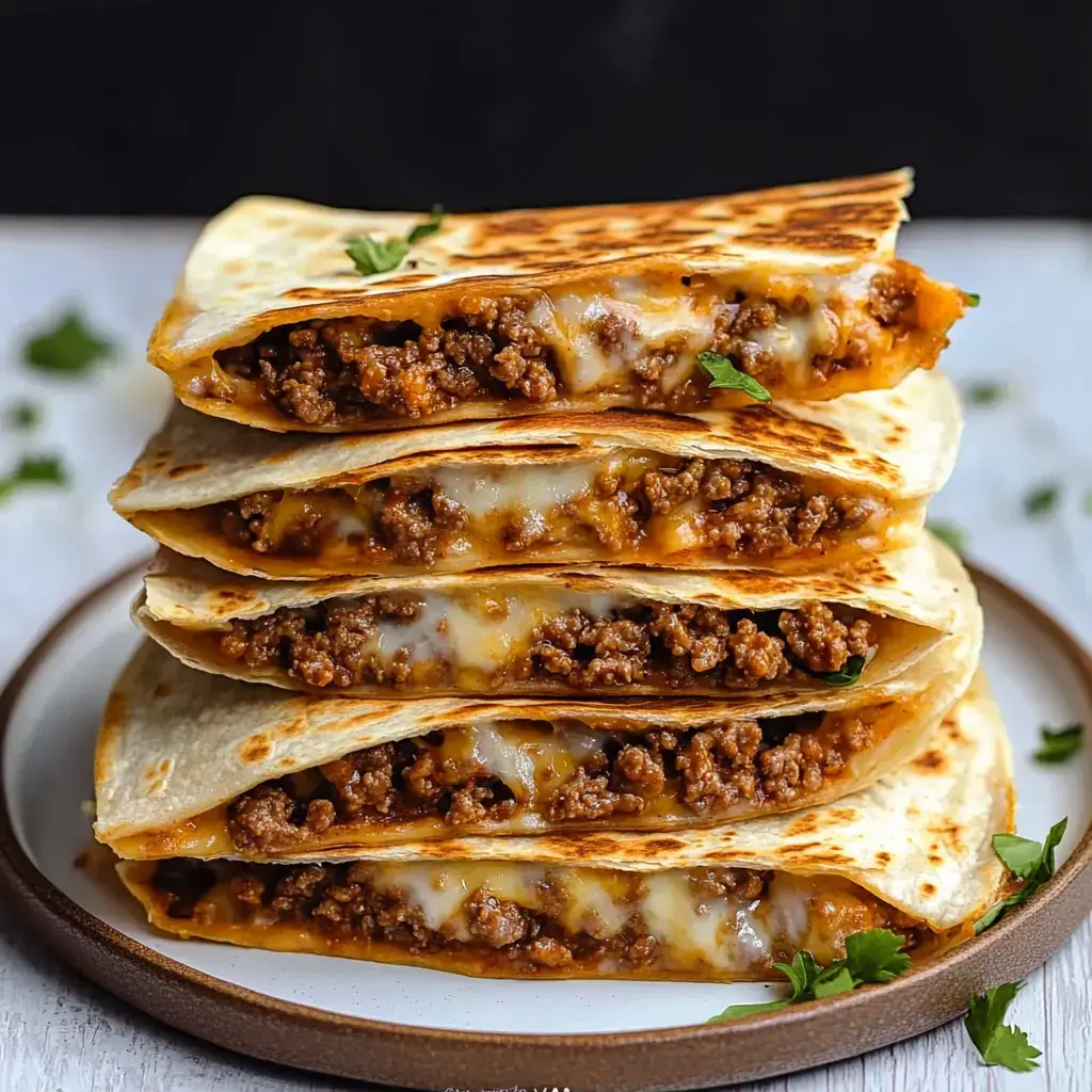 A stack of golden-brown quesadillas filled with seasoned ground beef and melted cheese, garnished with fresh cilantro, served on a plate.