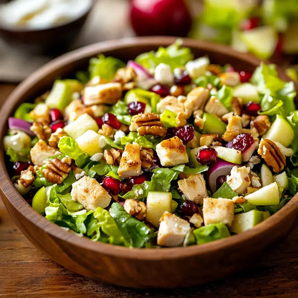 A colorful salad featuring mixed greens, diced chicken, apples, pecans, cranberries, and feta cheese in a wooden bowl.