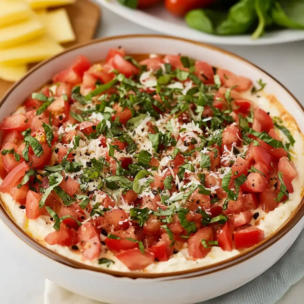 A close-up of a creamy dip topped with diced tomatoes, fresh basil, and shredded cheese, served in a round dish, with ingredients and utensils in the background.