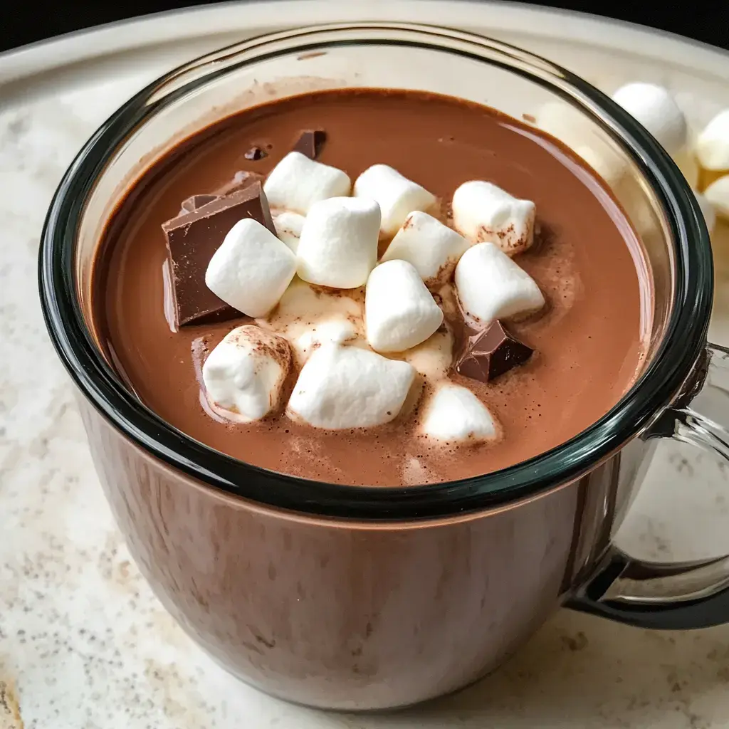 A clear glass mug filled with hot chocolate topped with mini marshmallows and chocolate chunks.