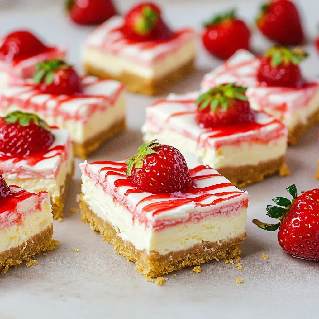 A close-up view of layered cheesecake squares topped with fresh strawberries and drizzled with strawberry sauce.