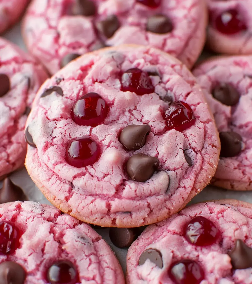 A close-up of soft, pink cookies topped with chocolate chips and cherry pieces.