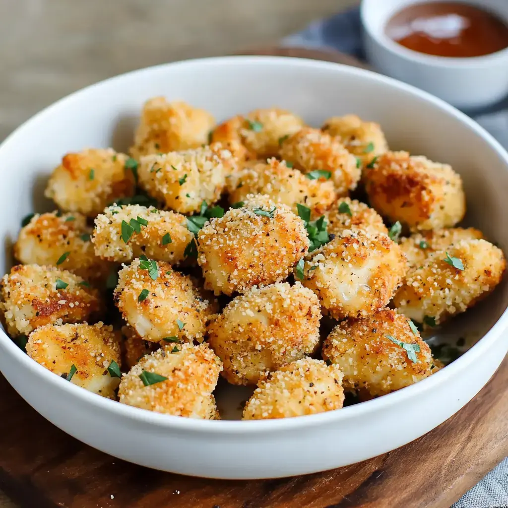 A bowl of golden, crispy breaded bites garnished with chopped parsley, served alongside a small dish of dipping sauce.