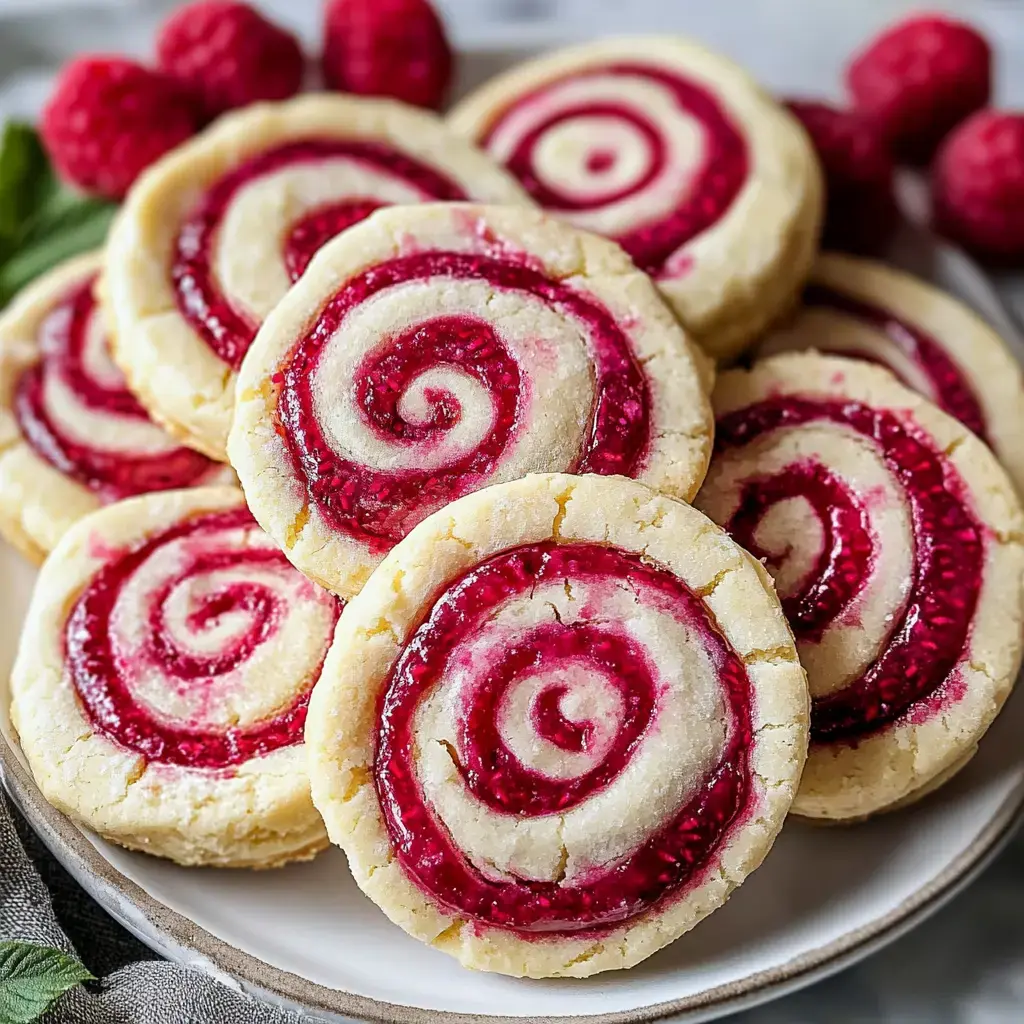 A close-up view of a plate of raspberry swirl cookies, featuring a spiraled red and white pattern, surrounded by fresh raspberries.