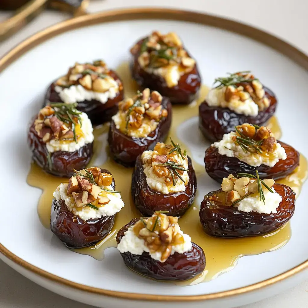 A plate of stuffed dates topped with cream cheese, walnuts, and a drizzle of honey.