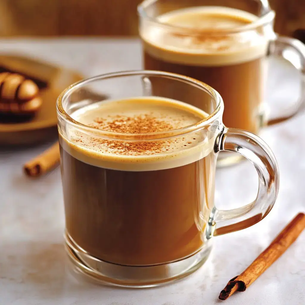 Two clear glass mugs filled with coffee topped with a light froth and a sprinkle of cinnamon, accompanied by a cinnamon stick and some chocolate truffles on a plate in the background.