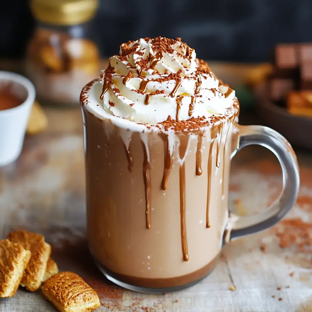 A large glass mug filled with creamy hot chocolate topped with whipped cream, chocolate drizzle, and cocoa powder, surrounded by cookies and a jar of treats in a cozy setting.