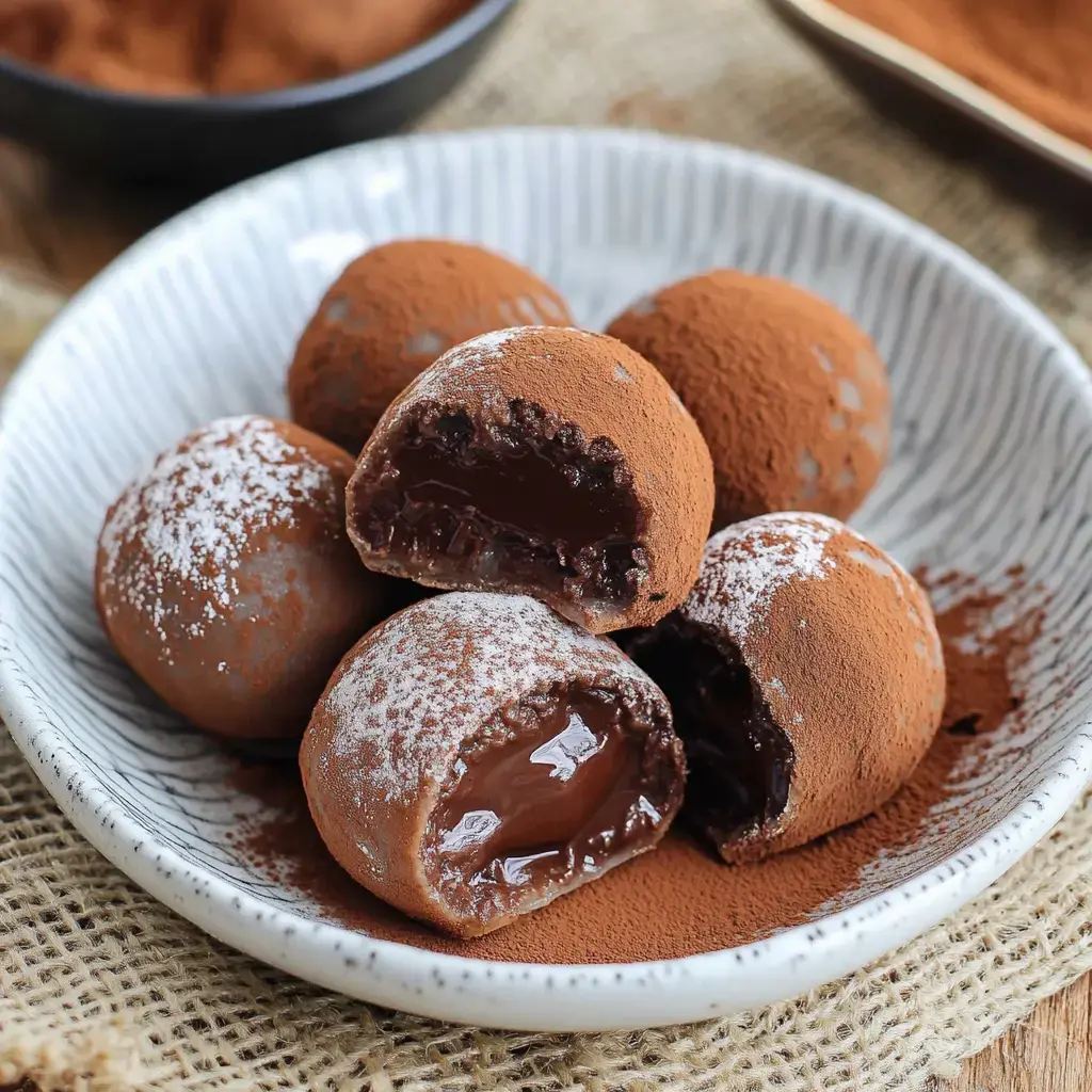 A plate of cocoa-covered chocolate truffles, with one truffle cut in half to reveal a glossy chocolate filling.