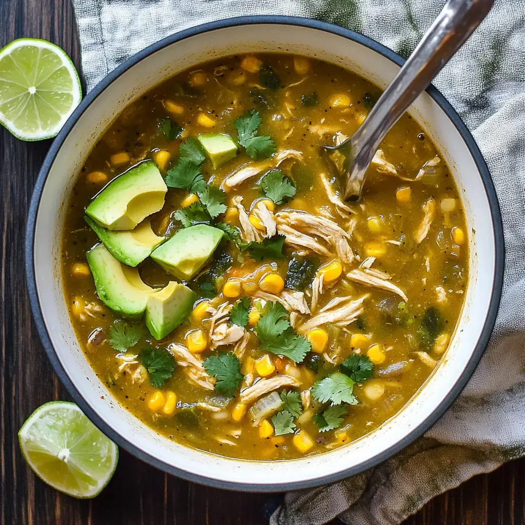 A bowl of chicken soup with corn, avocado slices, cilantro, and lime wedges.