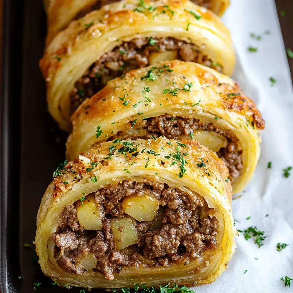 A close-up view of golden, flaky pastry rolls filled with seasoned ground meat and diced potatoes, garnished with green herbs.