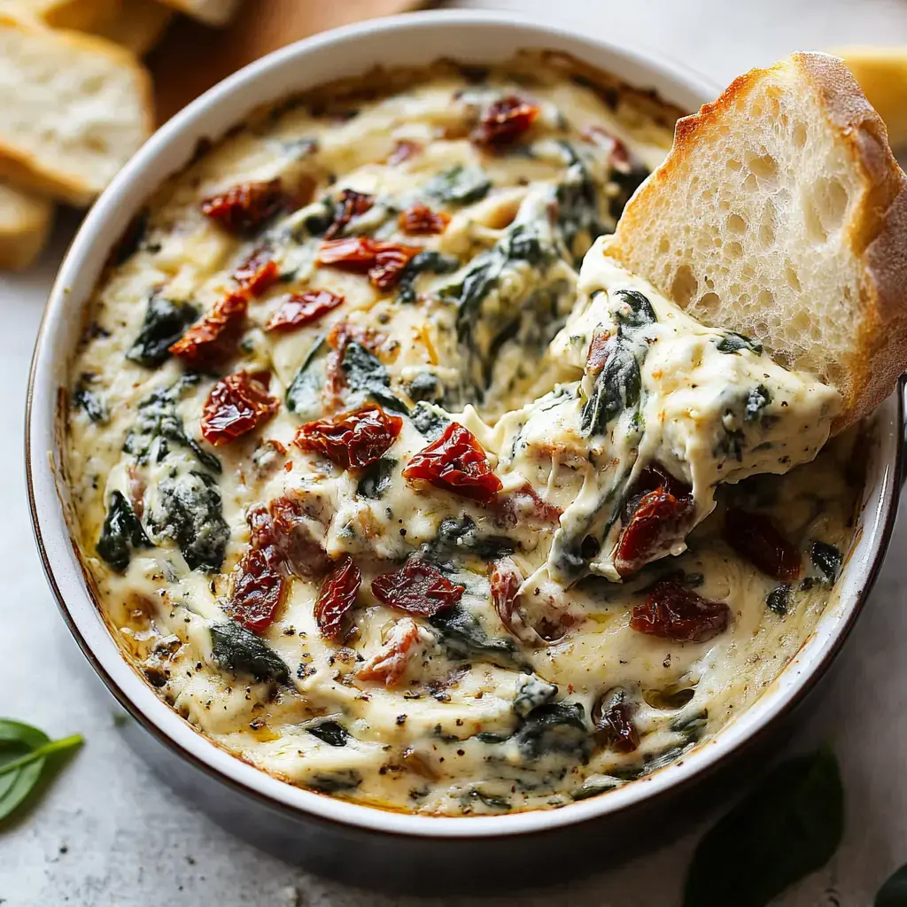 A creamy spinach and sun-dried tomato dip is being enjoyed with a piece of bread.