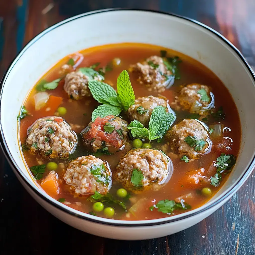 A bowl of soup containing meatballs, peas, and tomatoes, garnished with fresh mint and cilantro.