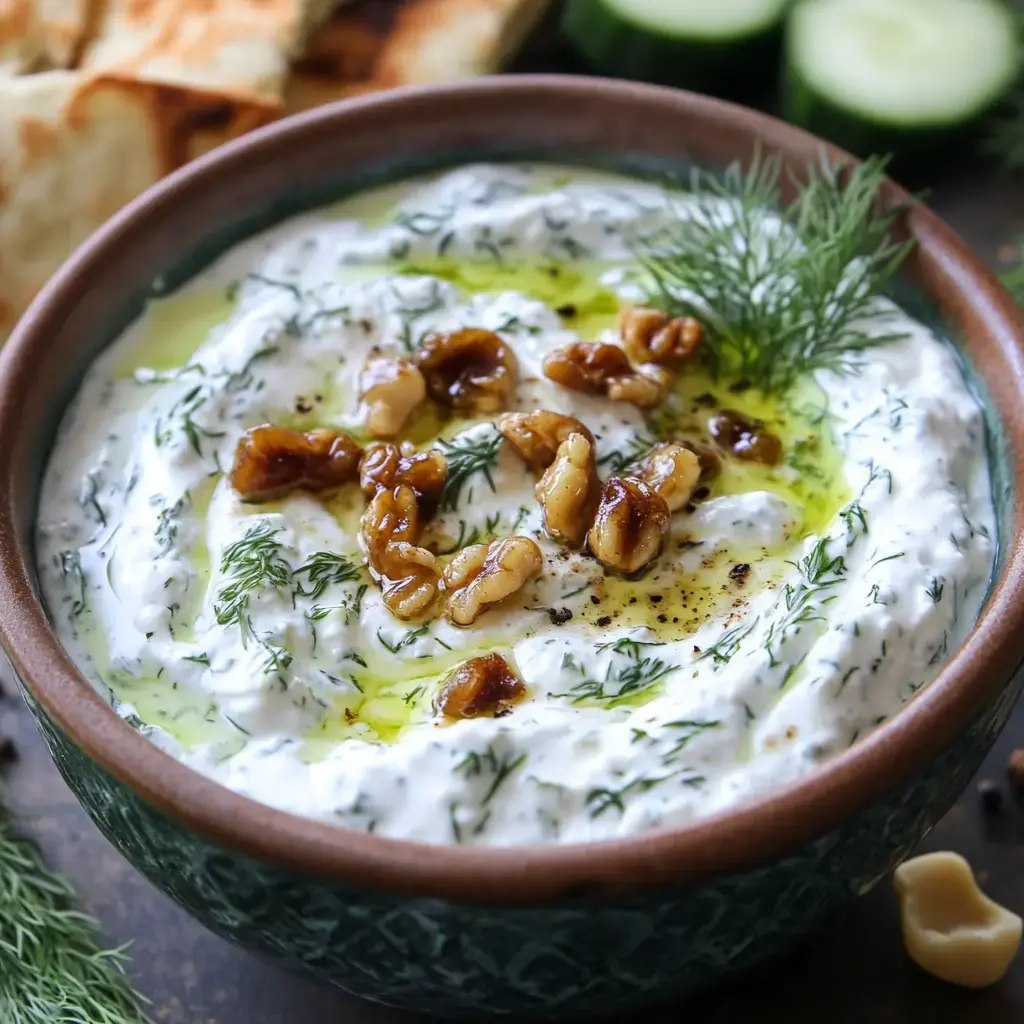 A bowl of creamy yogurt dip topped with walnuts, dill, and a drizzle of olive oil, accompanied by pita bread and cucumber slices.