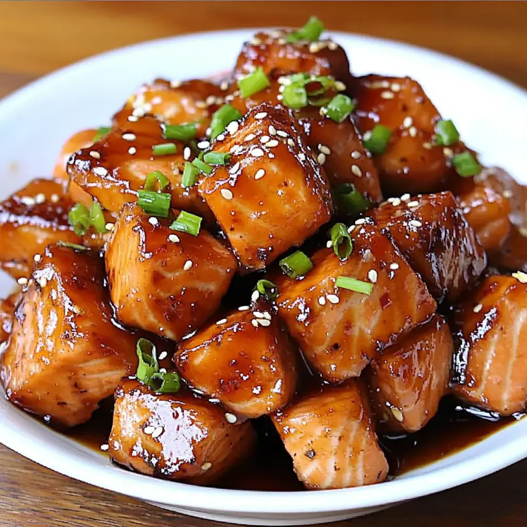 A white plate filled with cubed, glazed salmon topped with green onions and sesame seeds.