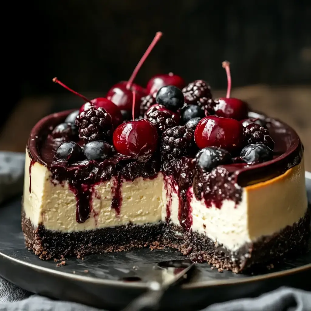 A decadent cheesecake topped with a variety of berries and a glossy fruit sauce, showcasing a slice cut out to reveal its layered texture.