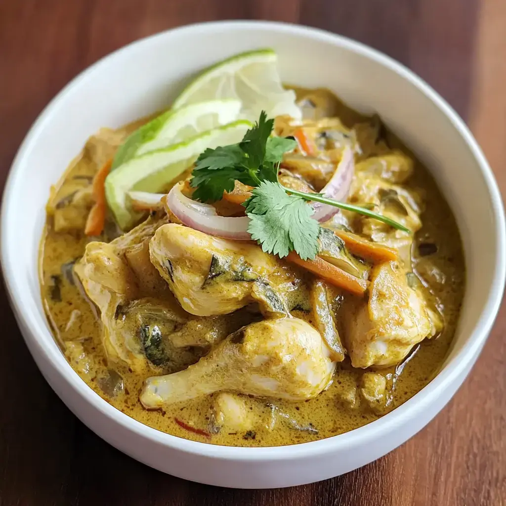 A bowl of creamy chicken curry garnished with cilantro, onion slices, and lime wedges, surrounded by a rich, yellow sauce.