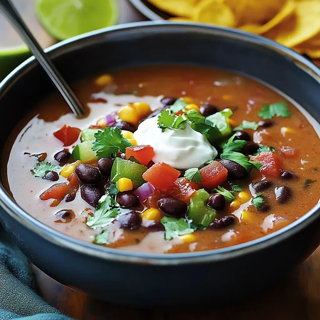 A close-up of a black bowl filled with colorful vegetable and bean soup topped with sour cream and cilantro, accompanied by tortilla chips in the background.