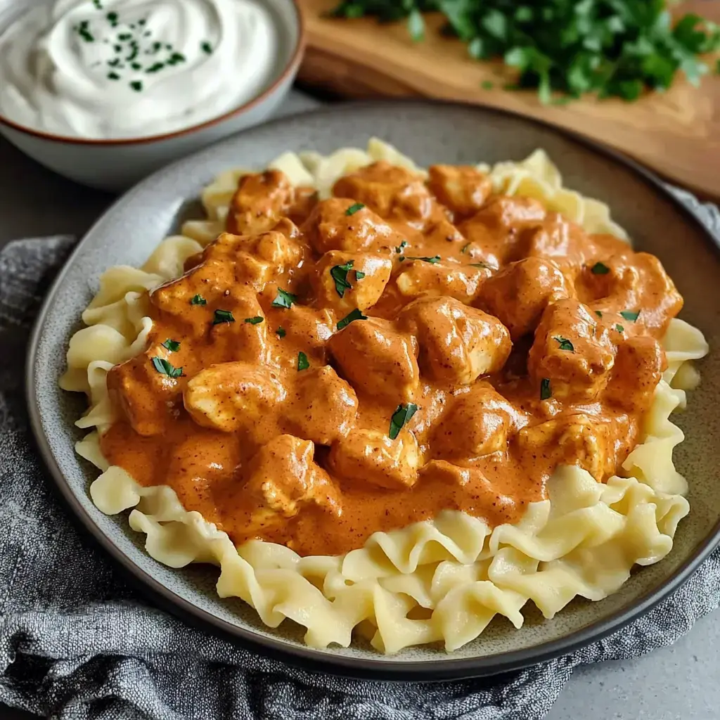 A plate of pasta topped with creamy chicken in a rich sauce, garnished with parsley, alongside a small bowl of sour cream.