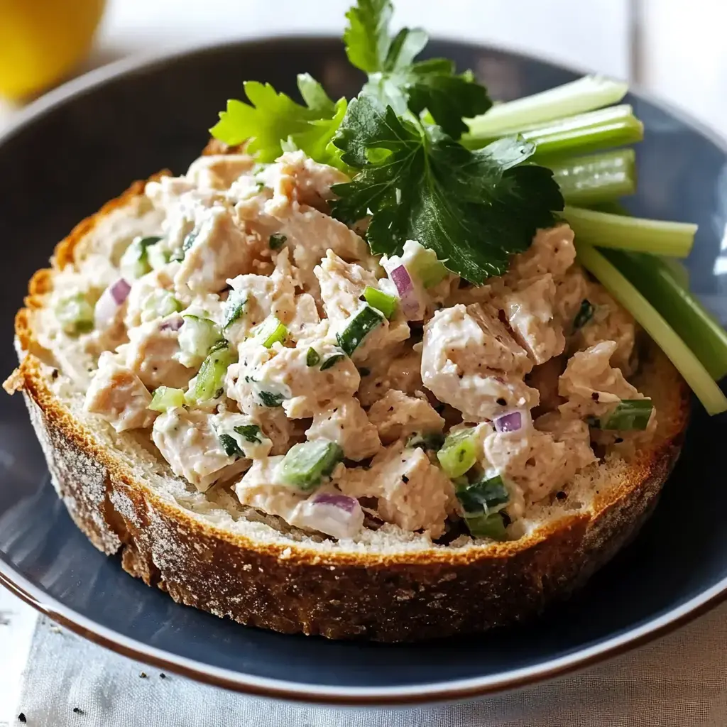 A slice of toasted bread topped with a creamy chicken salad, garnished with fresh cilantro and served with celery sticks.