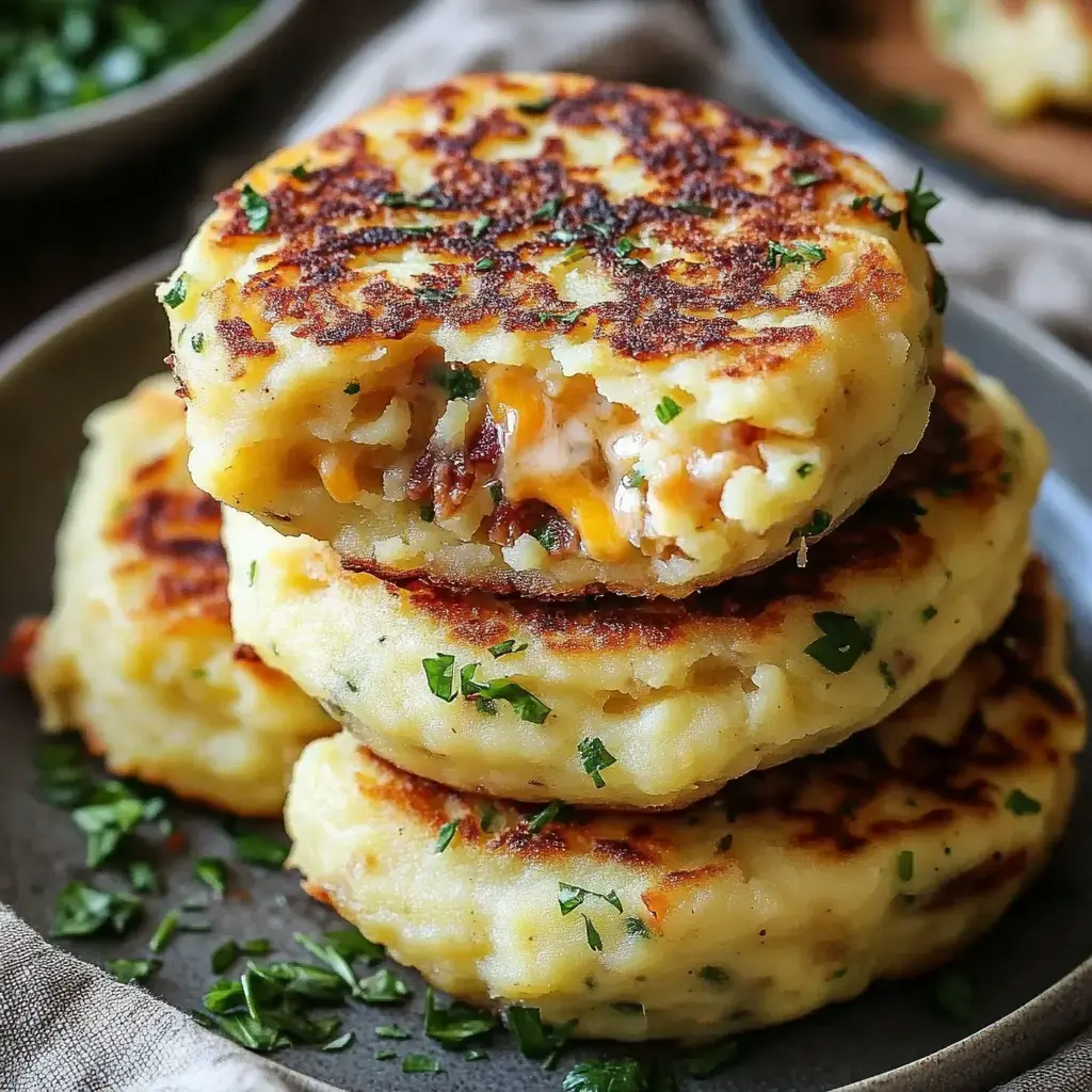 A stack of golden-brown potato pancakes filled with cheese, garnished with chopped parsley, on a plate.