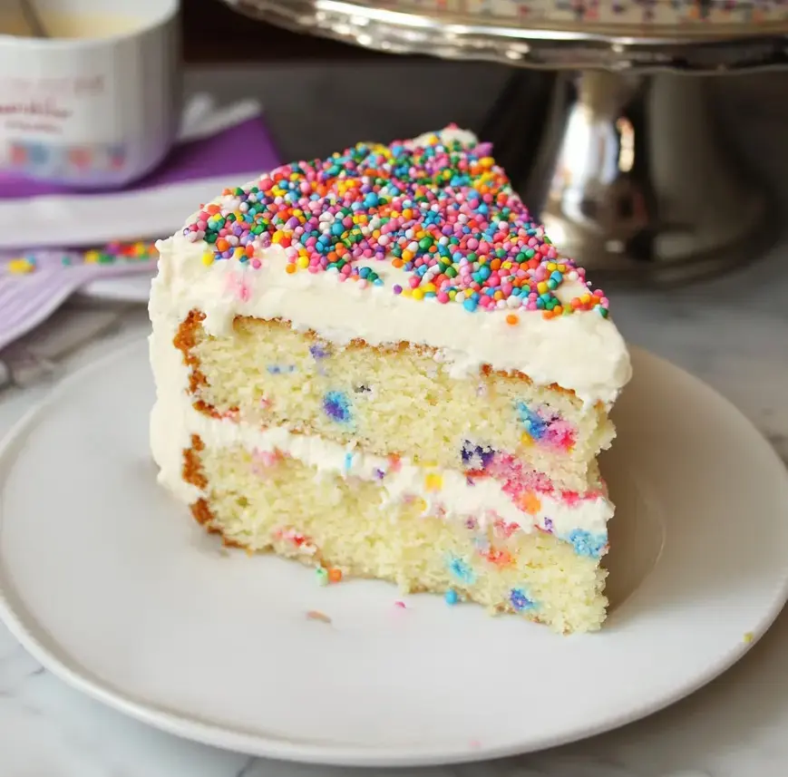 A slice of colorful confetti cake with creamy frosting and rainbow sprinkles is placed on a white plate.