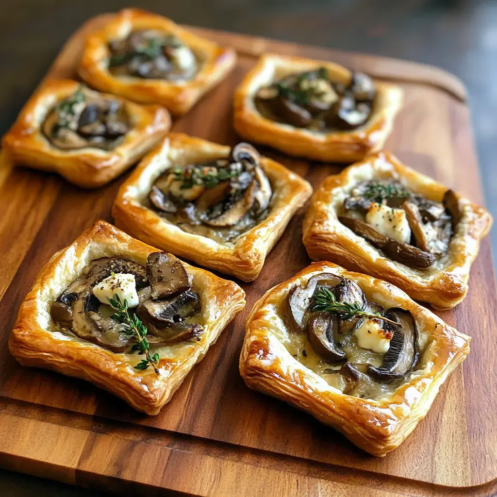 A wooden cutting board displays several puff pastry squares topped with sautéed mushrooms and herbs.