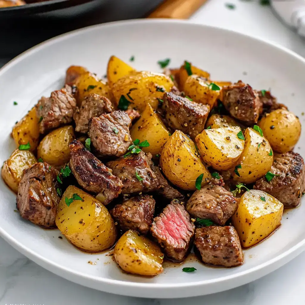 A plate of diced, cooked beef and golden roasted potatoes garnished with fresh herbs.