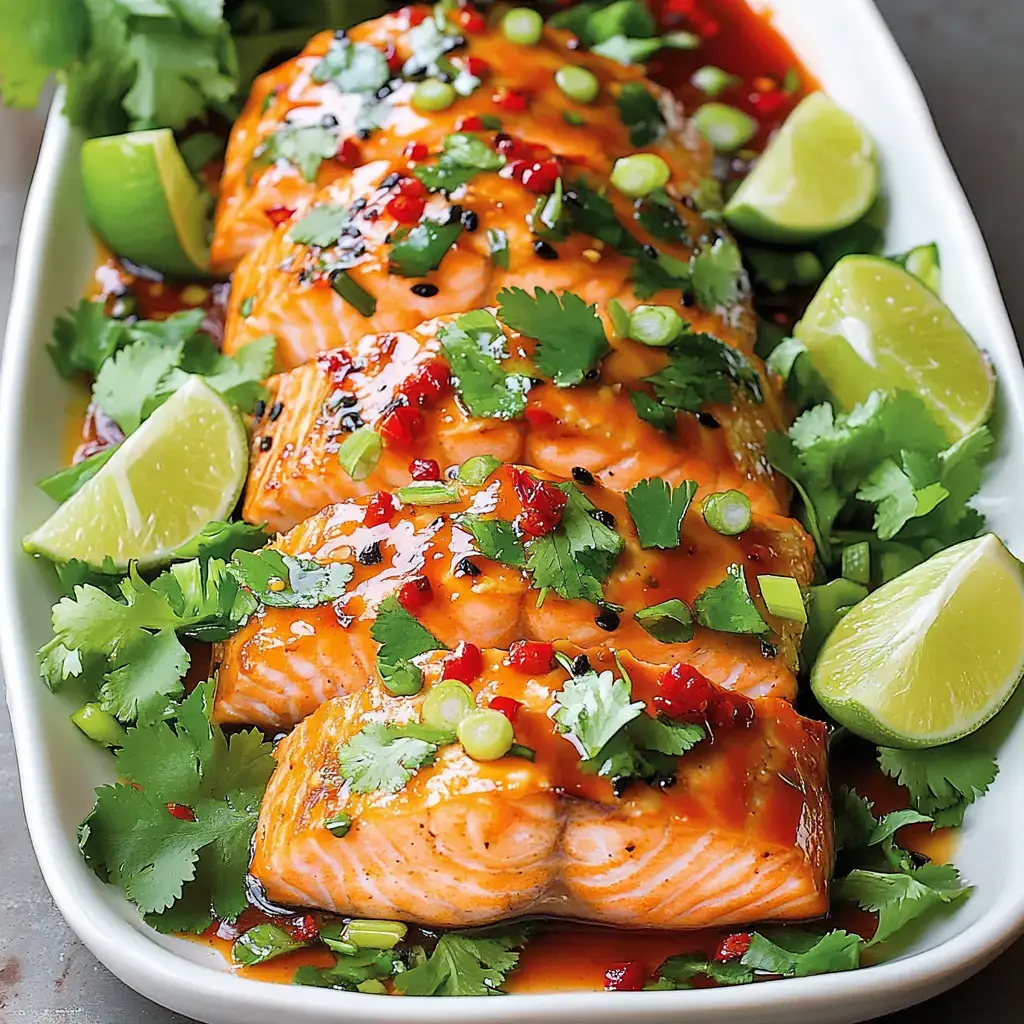 A platter of glazed salmon fillets garnished with chopped cilantro, green onions, red peppers, and lime wedges.