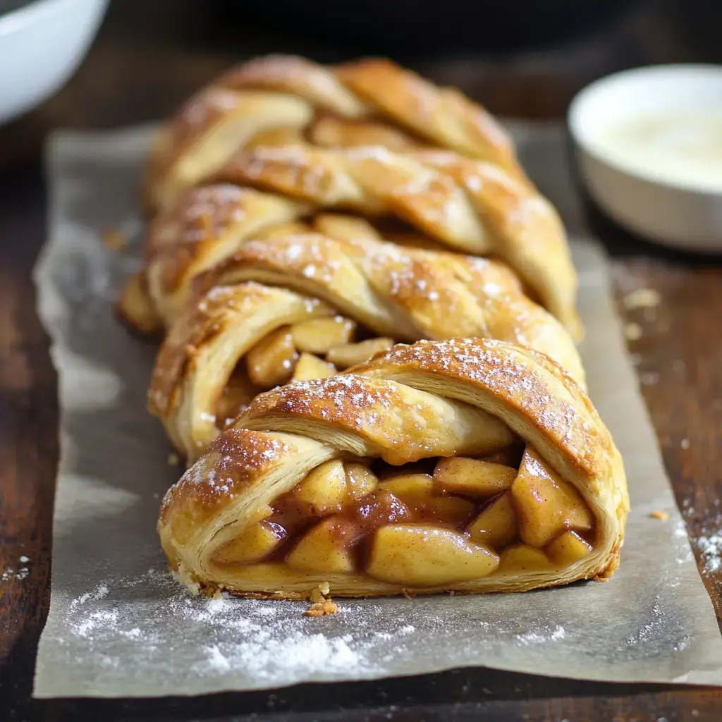 A freshly baked apple pastry braided with a golden crust and dusted with powdered sugar, resting on parchment paper.