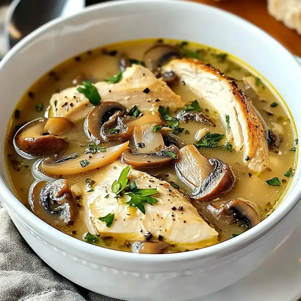 A bowl of creamy chicken soup with mushrooms and garnished with parsley.