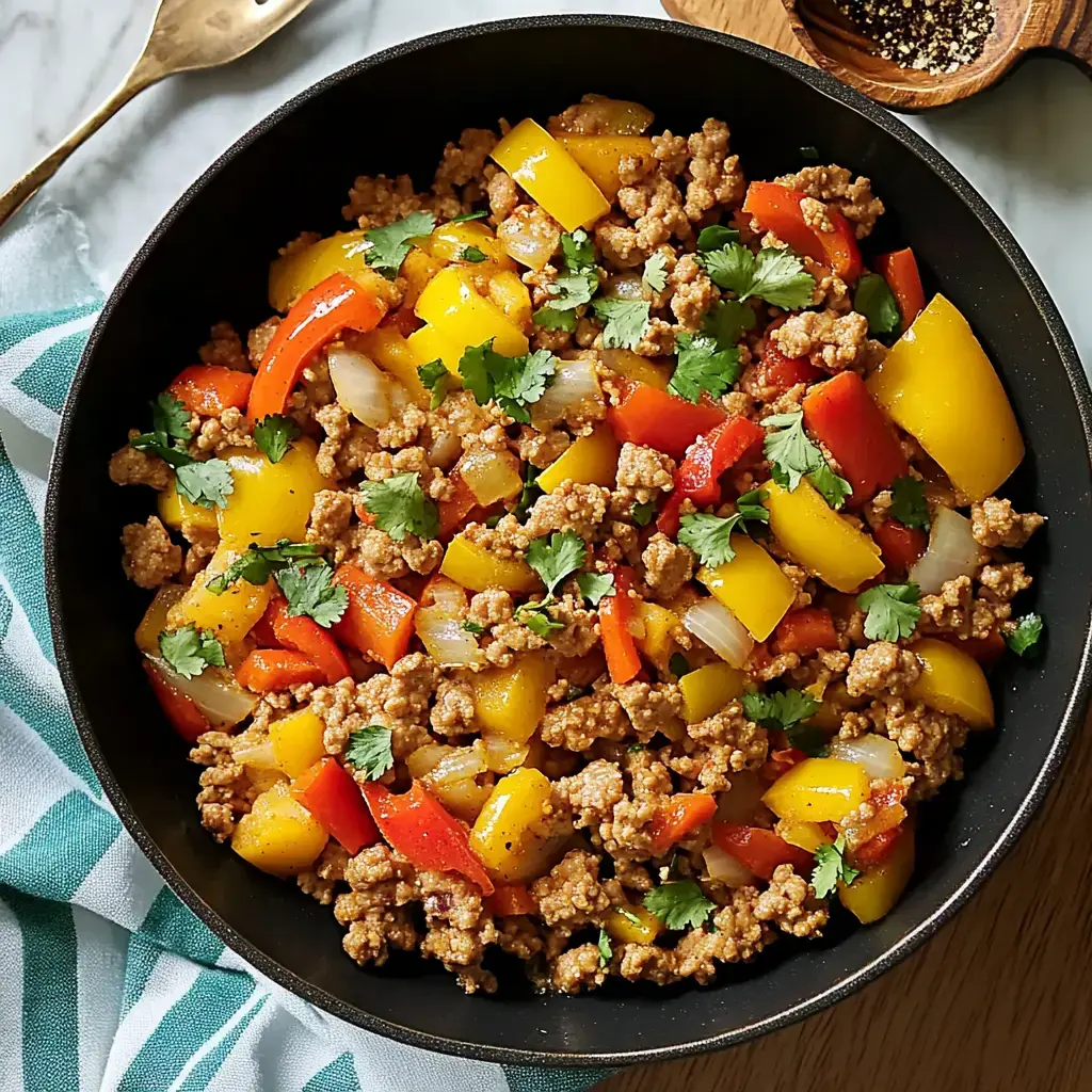 A skillet filled with sautéed ground meat mixed with colorful bell peppers, onions, and fresh cilantro.