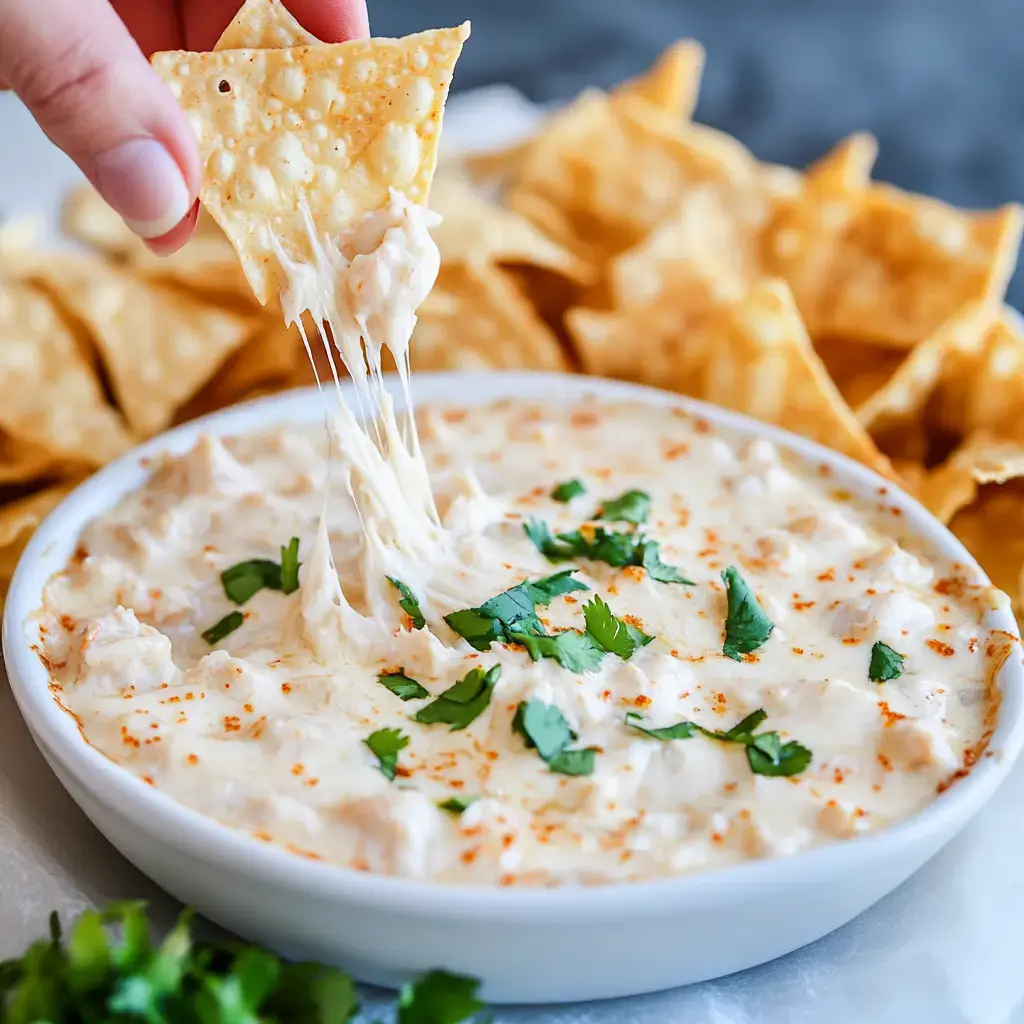 A hand holds a tortilla chip dipping into a creamy, cheesy dip garnished with cilantro, with additional chips in the background.