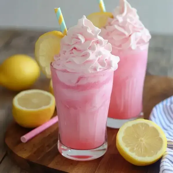 Two tall glasses of pink whipped drinks topped with whipped cream and garnished with lemon slices, surrounded by whole and halved lemons on a wooden surface.