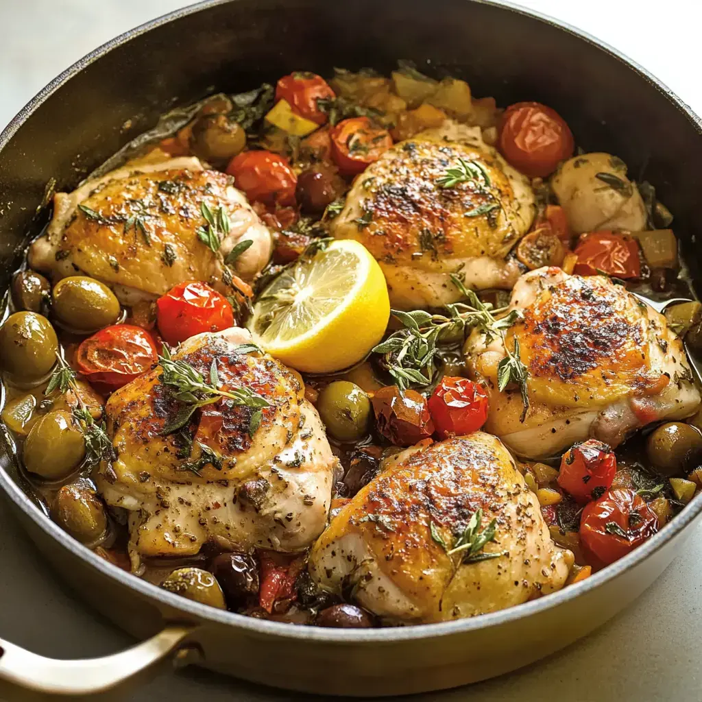 A skillet filled with golden-brown chicken thighs, cherry tomatoes, green olives, and a slice of lemon, garnished with fresh herbs.