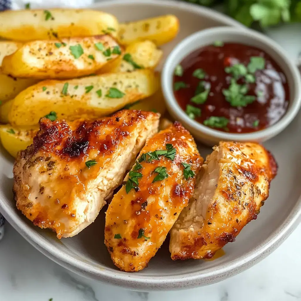 A plate of grilled chicken breast garnished with parsley, served alongside golden potato wedges and a small bowl of ketchup.