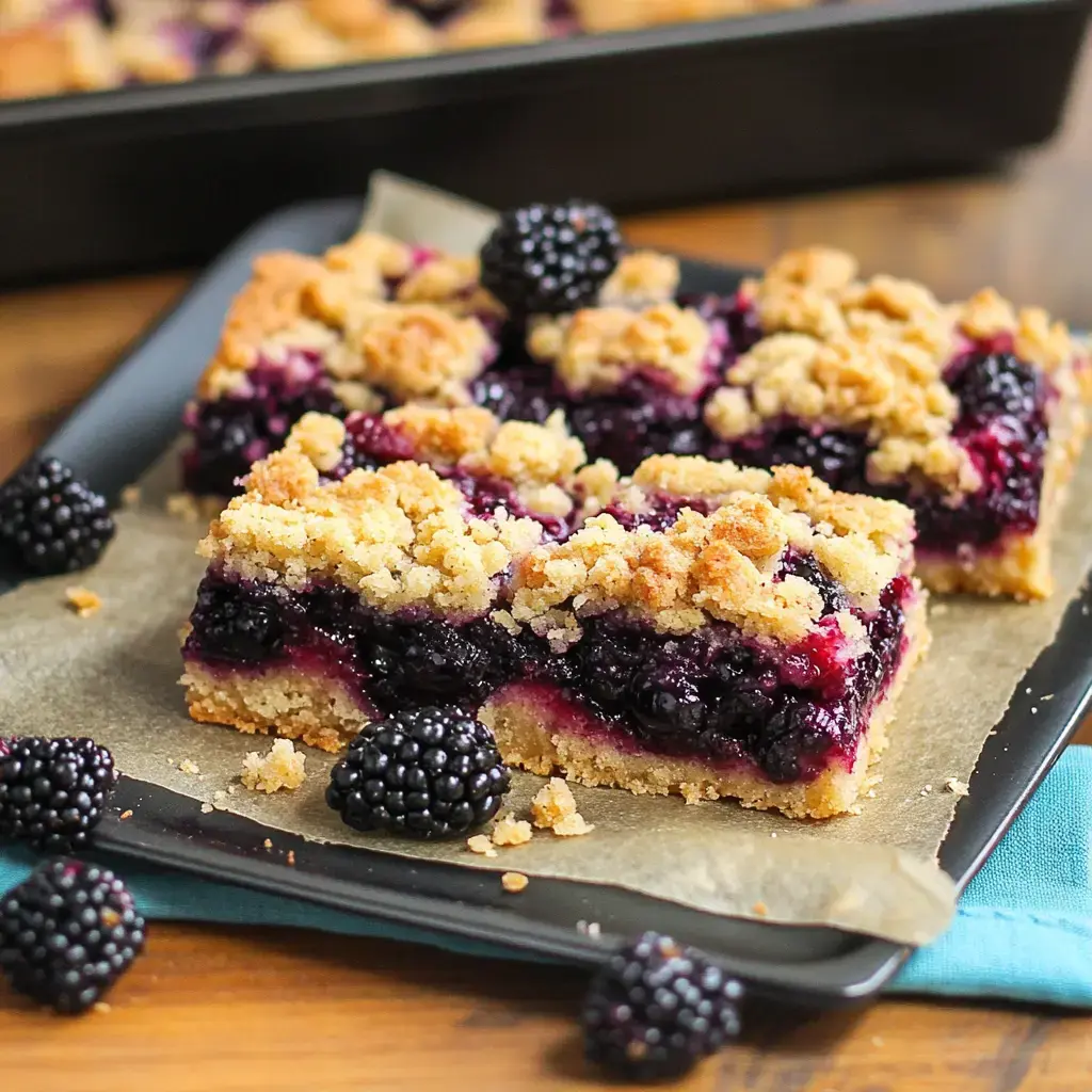 A close-up of blackberry crumble bars on a baking sheet, garnished with fresh blackberries.