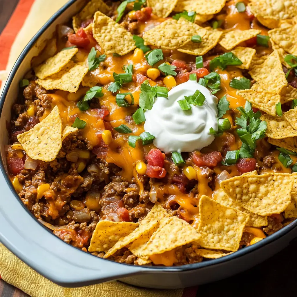 A close-up of a cheesy casserole topped with tortilla chips, diced green onions, cilantro, and a dollop of sour cream.