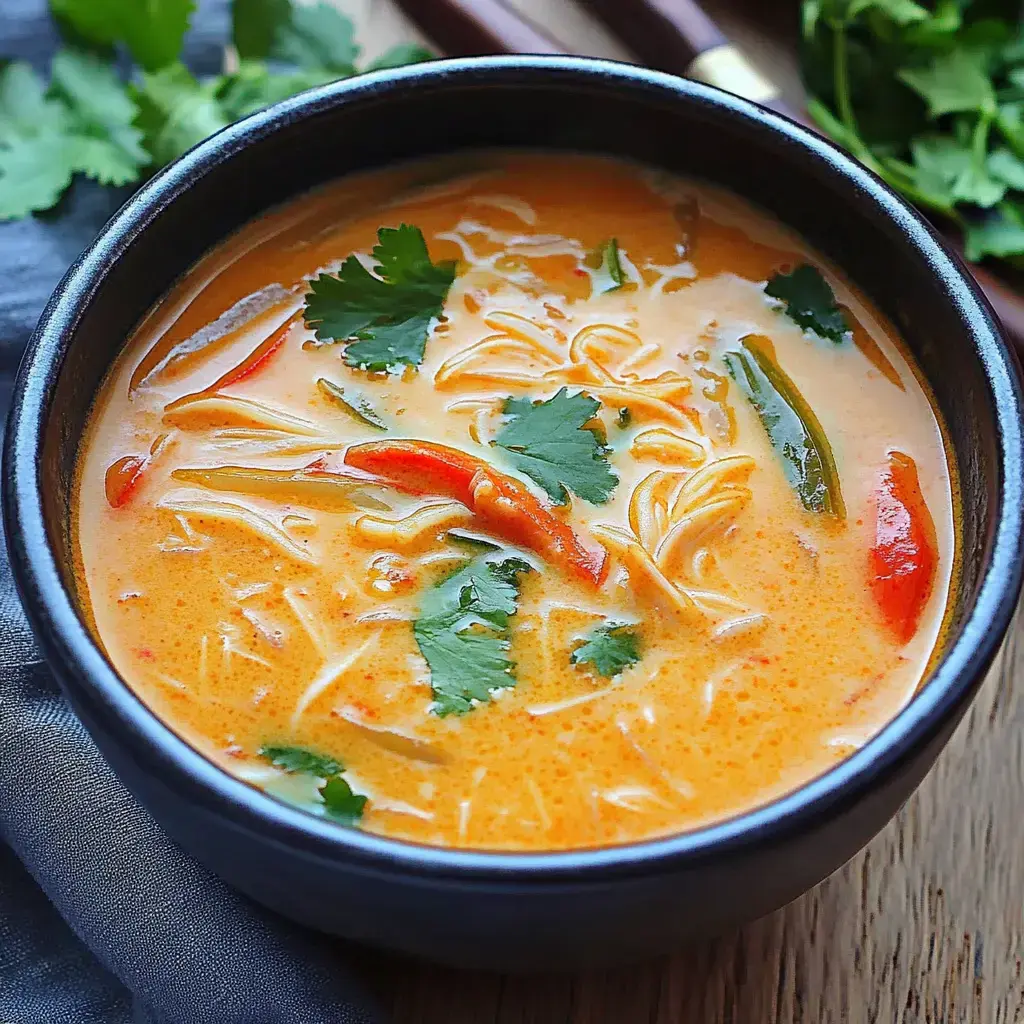 A bowl of creamy orange soup with noodles, red and green peppers, and garnished with fresh cilantro.