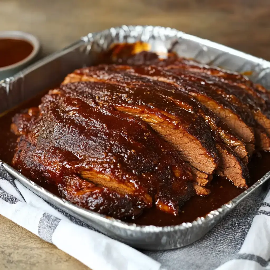 A glazed and sliced brisket sits in a metal tray alongside a small bowl of sauce.