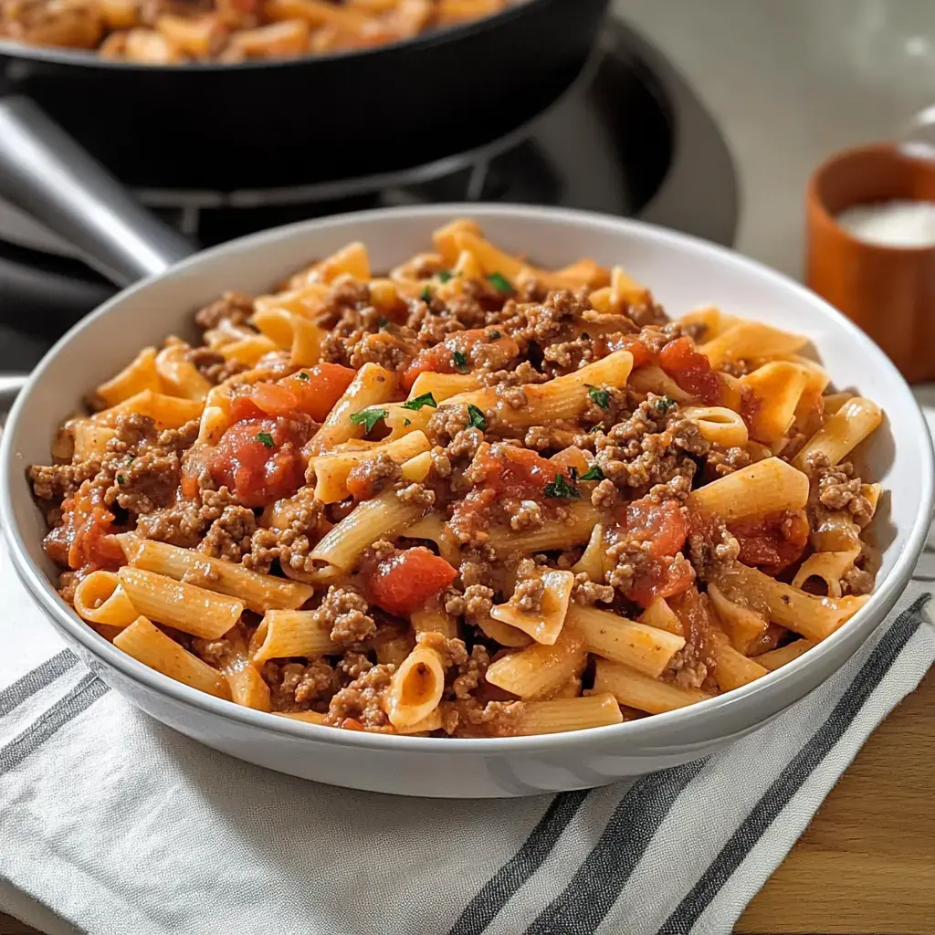 A bowl of rigatoni pasta topped with ground beef and diced tomatoes, garnished with parsley, sits on a striped kitchen towel, with a skillet in the background.