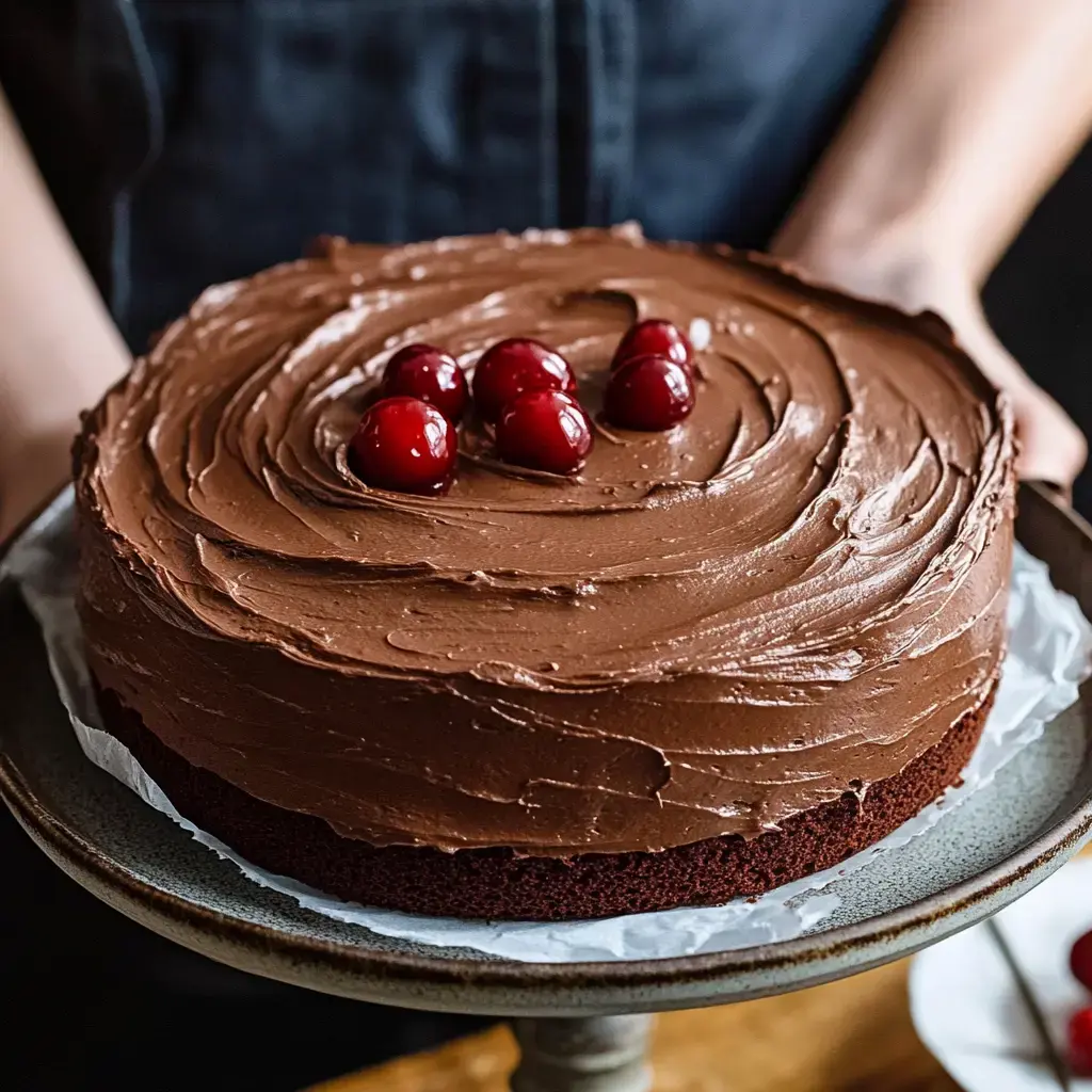 A person is holding a richly frosted chocolate cake topped with glossy cherries on a cake stand.