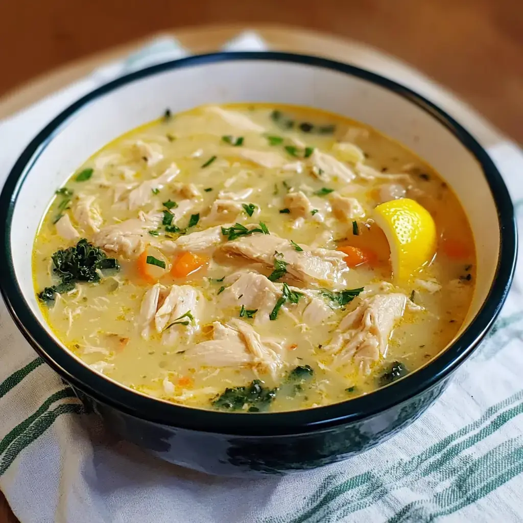 A bowl of creamy chicken soup with shredded chicken, carrots, kale, and a slice of lemon, garnished with fresh herbs.