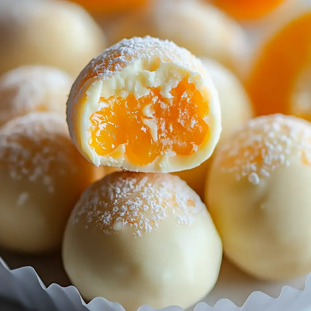 A close-up of white chocolate candy balls, one cut in half to reveal a sticky orange filling inside.